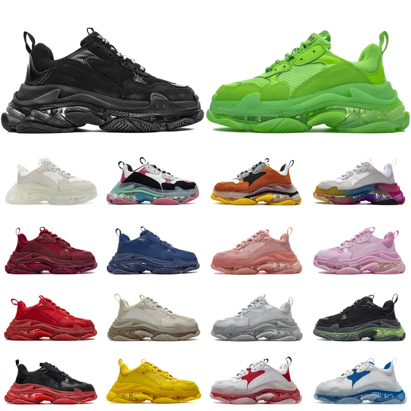 Designer 17FW Triple S Clear Sole Running Shoes Homens Mulheres Branco Preto Volt Vermelho Amarelo Verde Neon Azul Rosa Mens Outdoor Andando Esportes Sapatilhas