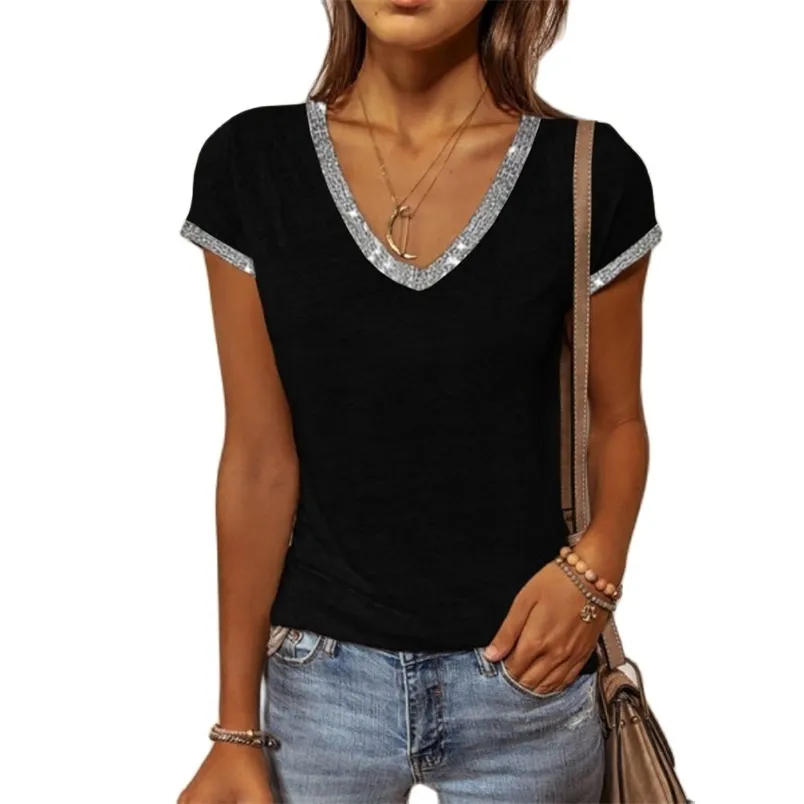 Verano Mujer s t Shir Bronceado Color conras V cuello Shor Manga Damas Top Casual Slim Shir Mujeres Tops Tees 220628