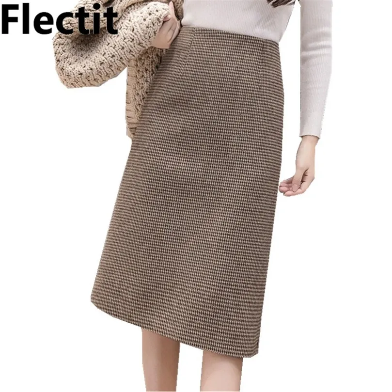 Flectit Fall Winter Ciepła Wełna Houndstooth Wysoka Talia Ołówek Midi Spódnica Szczupła Kolana Długość Powrót Split Prace Plus Size S-XXL 220317