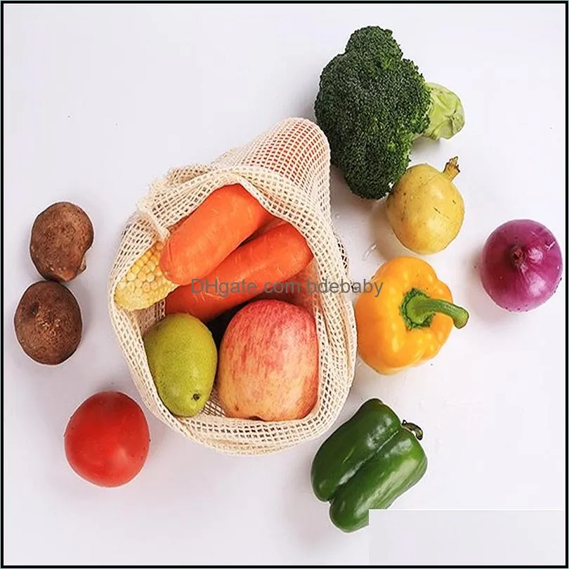 Organic Cotton Mesh Storage Bags Reusable Produce Bag Eco-friendly Vegetable Fruit Shopping-Bag with Drawstring Kitchen Organizer