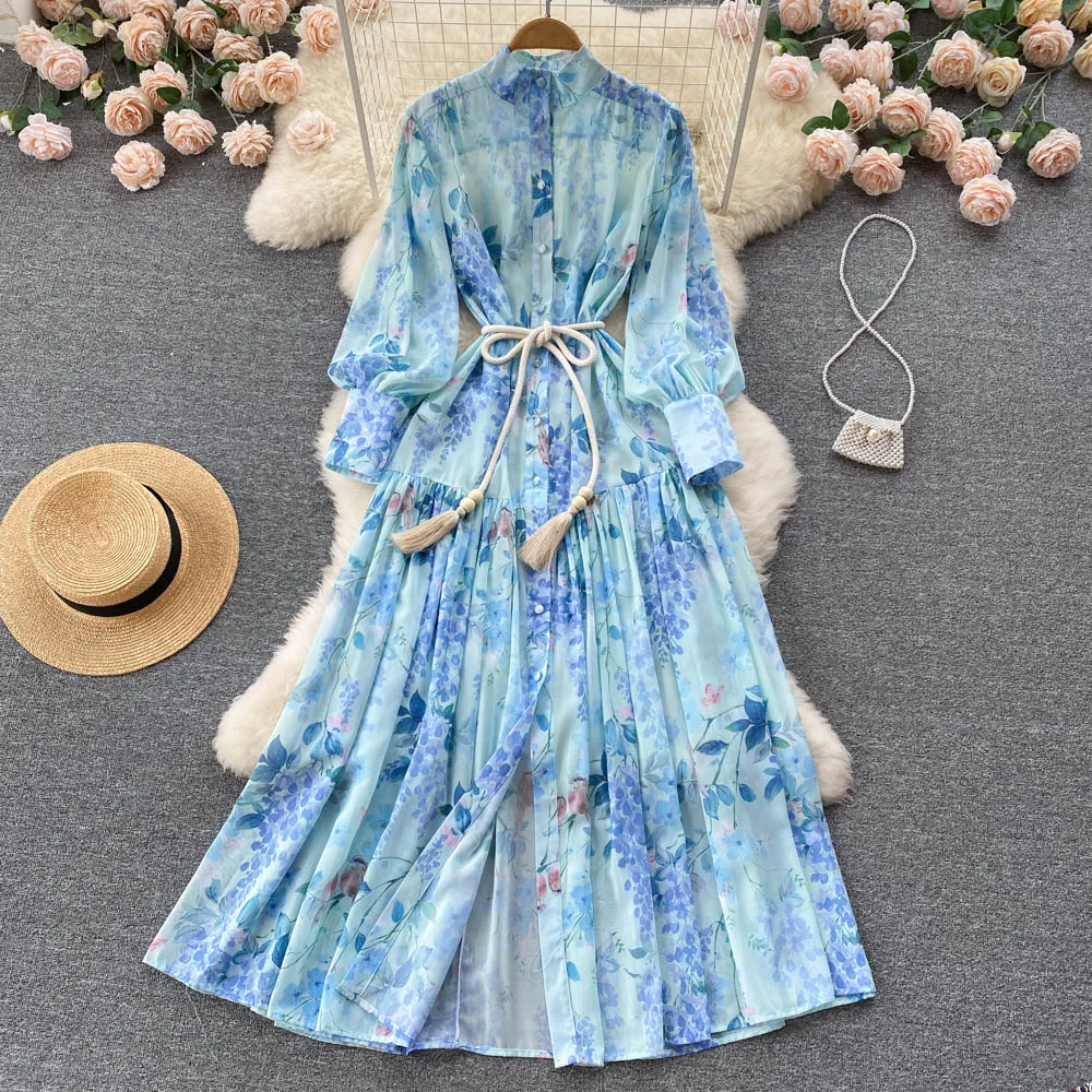 Bohem ilkbahar yaz kadın elbise 2022 pist moda fener kolu çiçek baskı kanatları maxi uzun parti tatil elbisesi 2022