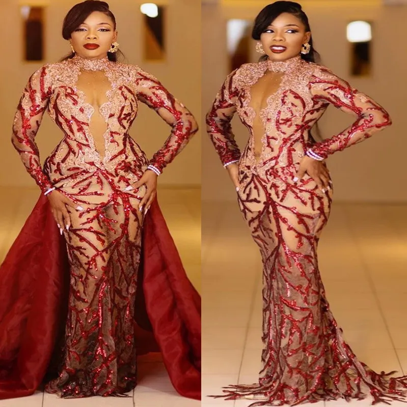 2022プラスサイズアラビア語aso ebi burgundy mermaid sparkly promドレス