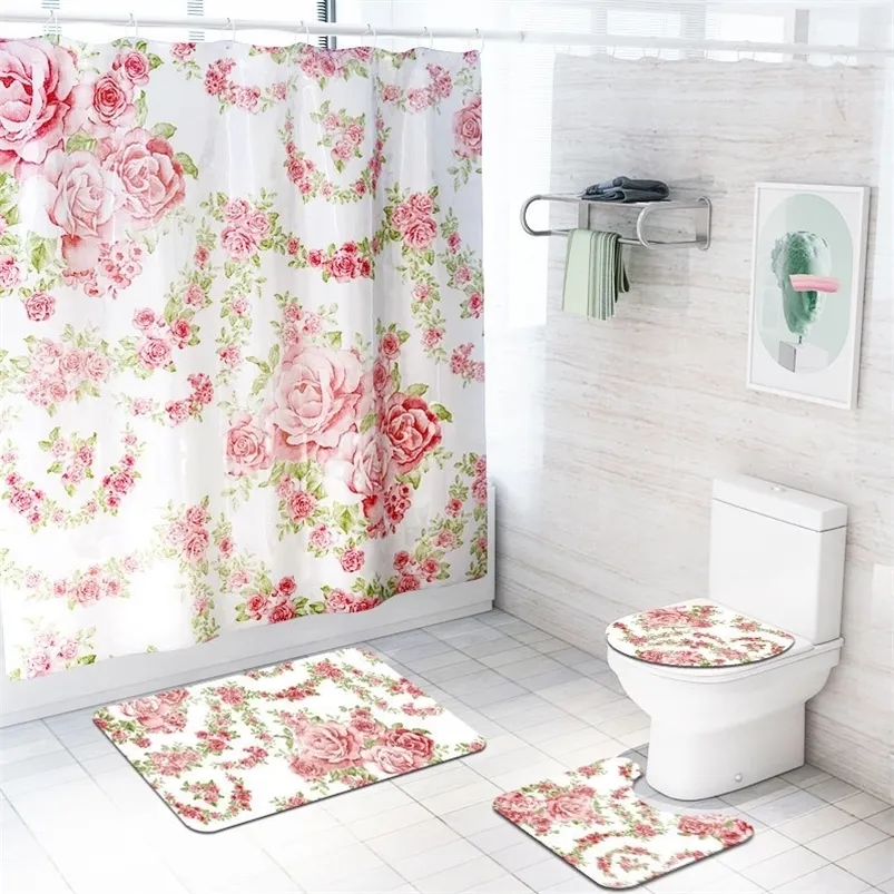 Chinese Rose 4 Pcs Set Shower Curtain Bath Rug Toilet Cover Mat room Accessories Curtains with Hooks T200711