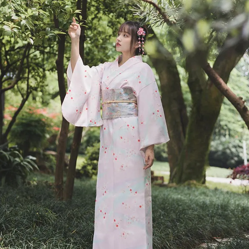 Ethnic Clothing Women's Japanese Traditional Kimono Pink Floral Prints Classic Formal Yukata Cosplay Wear Pography Dress Performing Robe