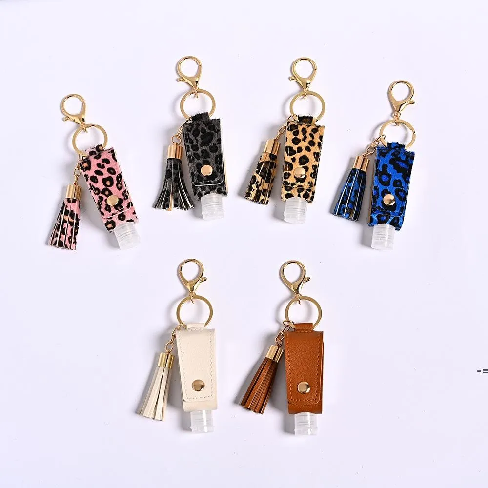 Party Favor New Leopard Print T-shaped Hand Sanitizer Holder with Empty Bottle PU Leather Cover Disinfectant Keychain Pendants GCE13588