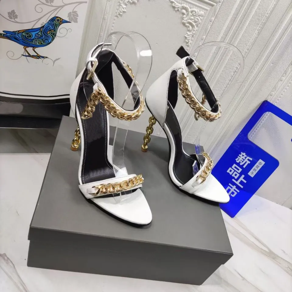 Top personalized designer shoes sandals fashion women's chain leather metal heel 10.5cm high heels luxury walk show party wedding shoes sending box size 35-42 43