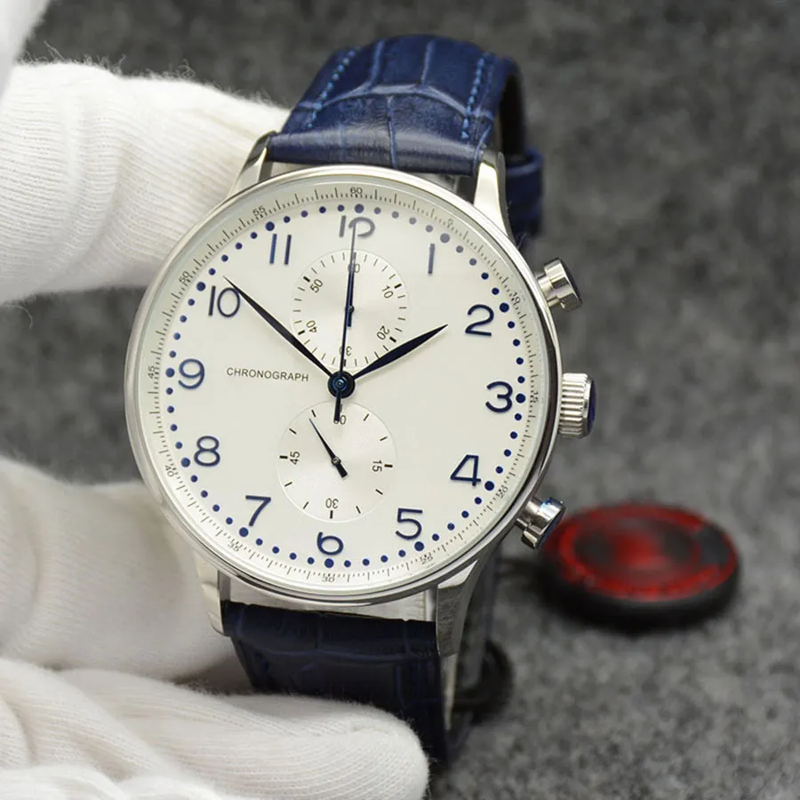 Новые часы хронограф спортивные батарея с ограниченной серебряной циферблатой Quartz Профессиональные наручные часы складные застежки мужчины смотрят синий кожаный ремешок
