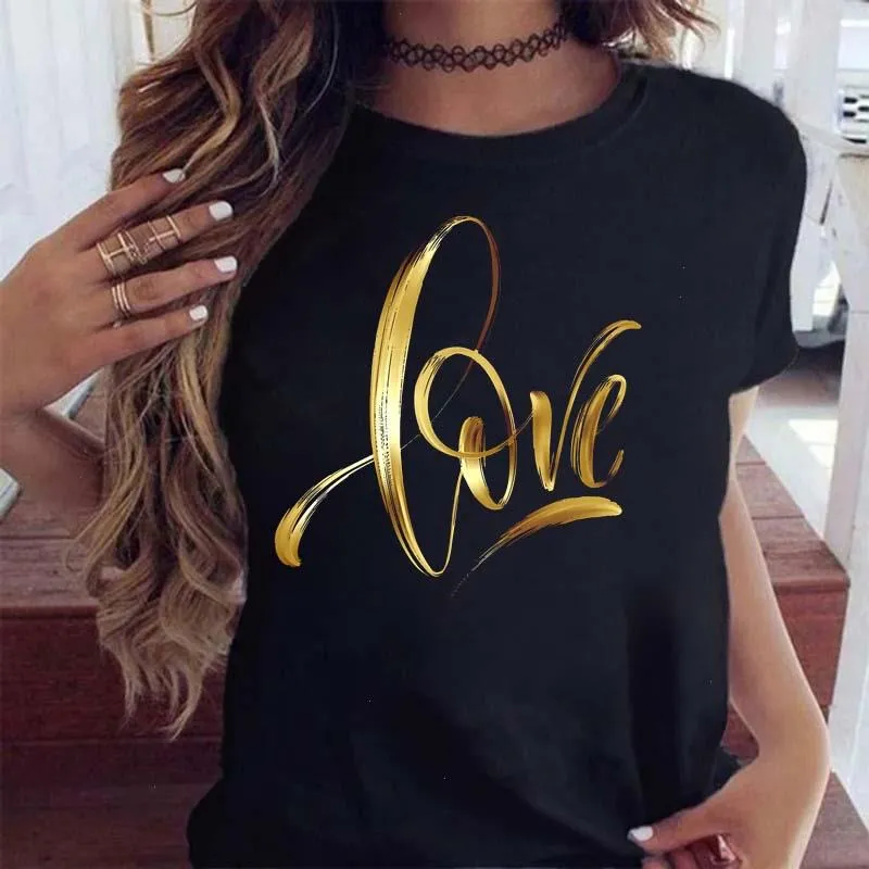 Kadınlar Tişört Altın Mektup Aşk Baskı Kadın Kısa Kollu Üstler 90'lar Kızlar Siyah T-Shirt Günlük Gömlek