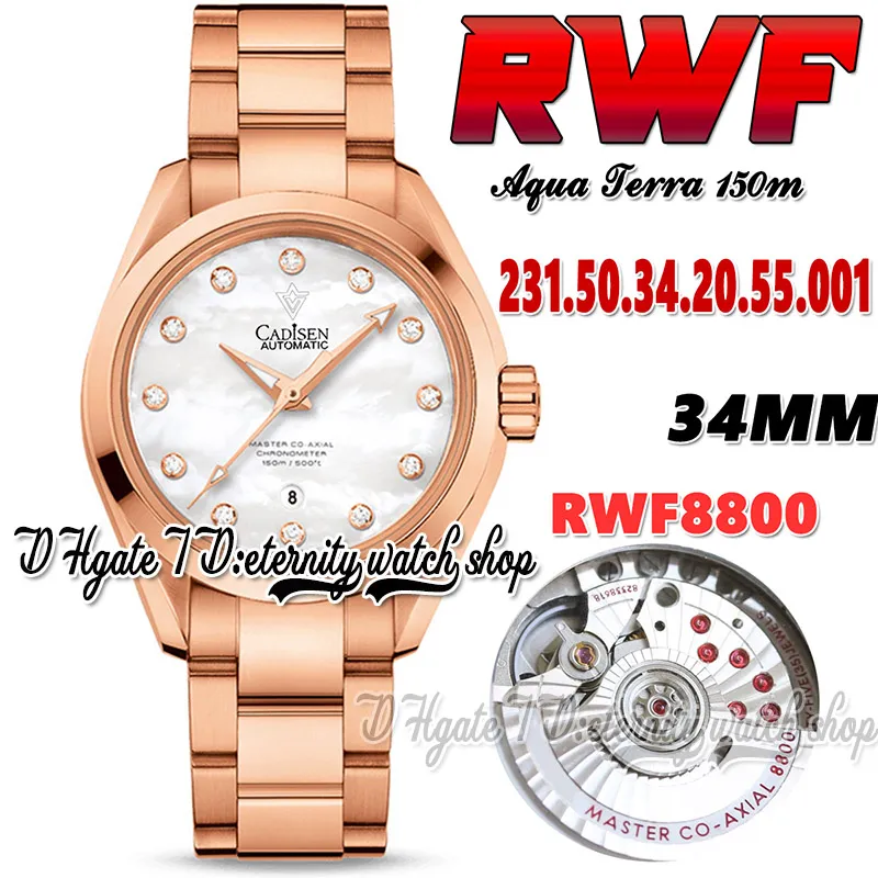 RWF Aqua Terra 150m A8800自動女性ウォッチ231.50.34.20.55.001 34mmマザーオブパールダイヤルローズゴールド316Lステンレス鋼ブレスレットスーパーエディションエターディー時計
