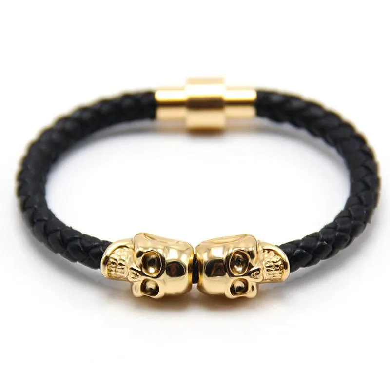 Bracelets porte-bonheur en acier inoxydable 2022 bijoux squelette humain hommes en cuir noir Bracelet perlé haute qualité fermoir magnétique