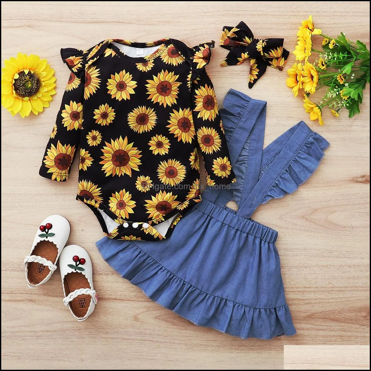 kids clothing sets girls outfits infant sunflower print romper tops ruffle strap dress headband 3pcs/set summer spring autumn fashion baby clothes