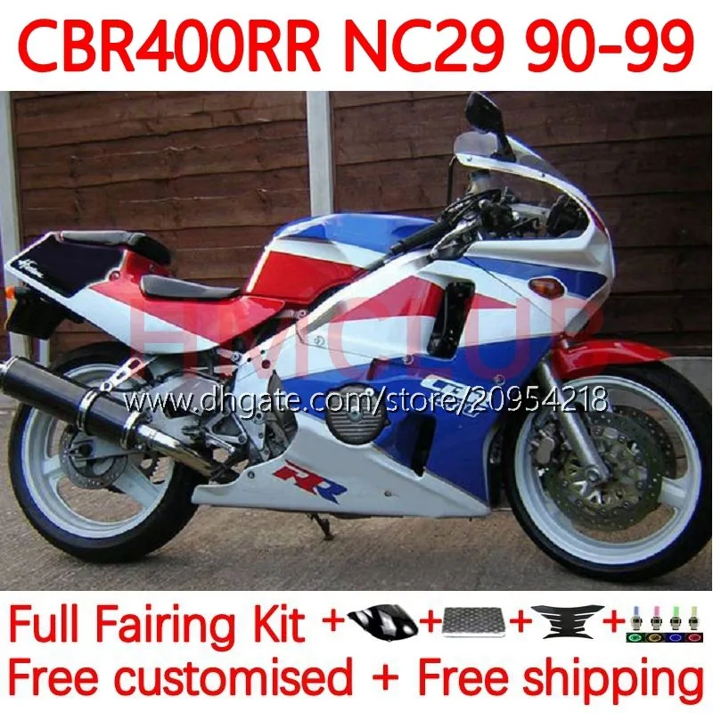 Kit carrosserie pour HONDA CBR400 RR NC29 CBR 400 RR CC NC23 400CC 88-99 Carrosserie 131No.66 CBR400RR 94 95 96 97 98 99 CBR 400RR 1994 1995 1996 1997 1998 1999 OEM Carénage blanc bleu