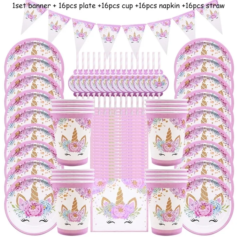 65 Pcs Fille Fête D'anniversaire Rose Licorne Assiette En Papier Tasse Serviette Jetable Vaisselle Ensembles Baby Shower 1er Fête D'anniversaire Fournitures 201006