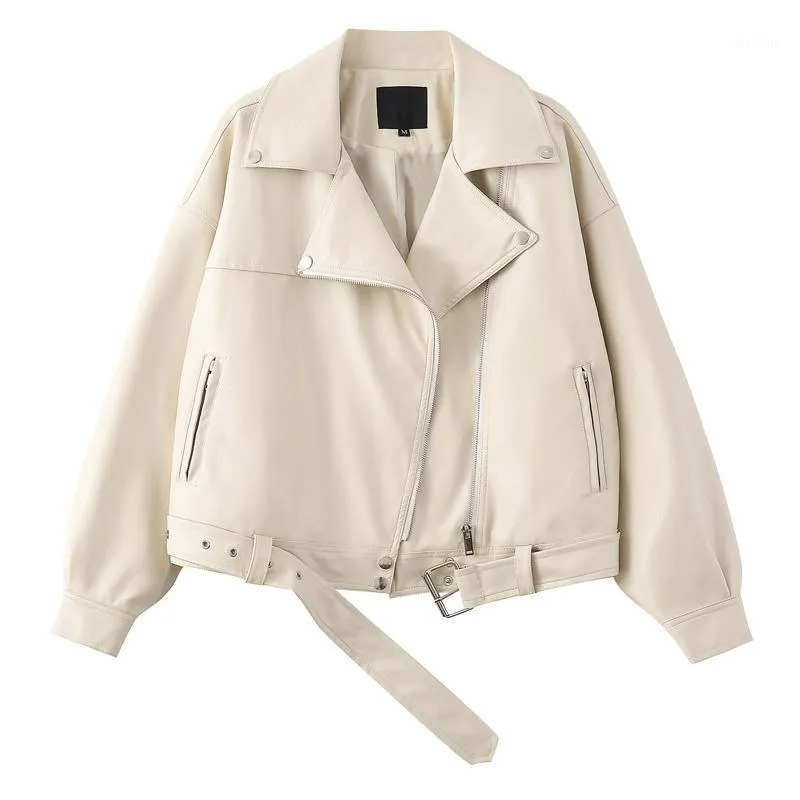 Veste en Faux cuir pour femmes, manches longues avec ceinture, abricot, ample, grande taille, mode motard, printemps automne 2022