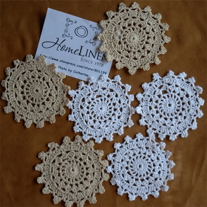 24pcs çok toptan el yapımı dantel tığ fincan pamuk pamuk ecru doily fincan ped Coaster Nakış Düğün Dekor 10cm 3 94 "220627