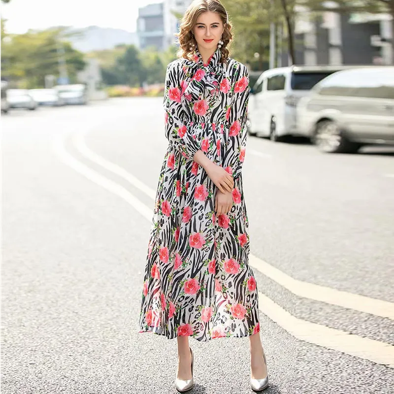 Women's Dress O Neck Wrist Sleeves Printed High Street Designer Maxi Holiday Dresses with Scarf Vestidos