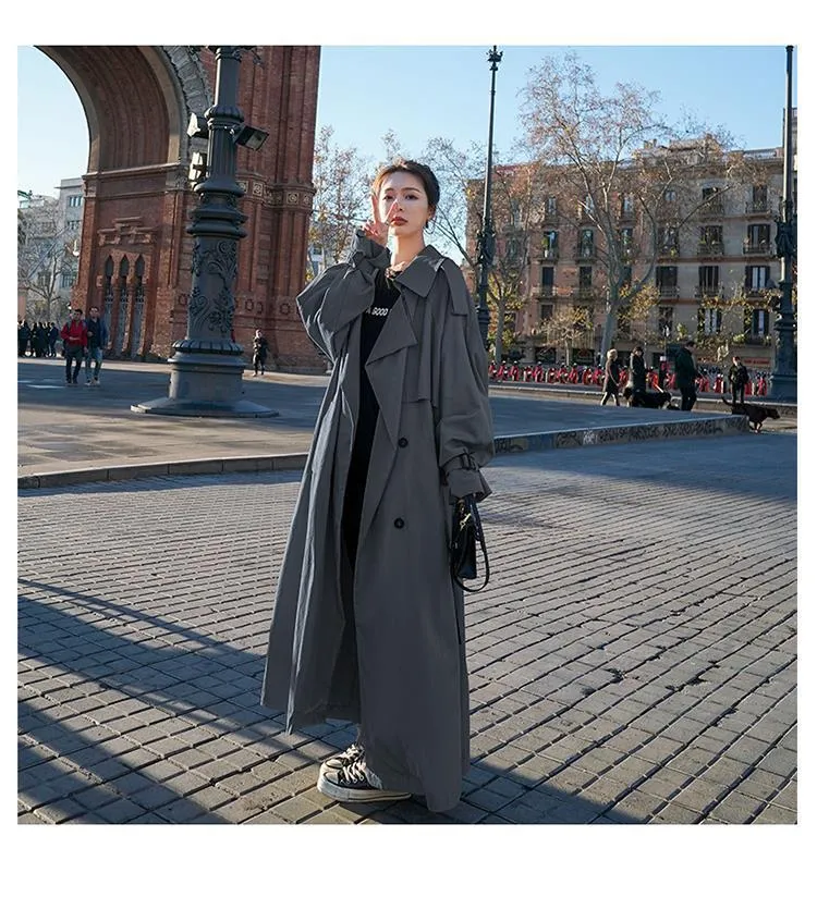 Oversized X-Long Korean Style Loose Autumn Winter Women's Coat Double-Breasted Belted Fashion Cloak Windbreaker Outerwear Trench