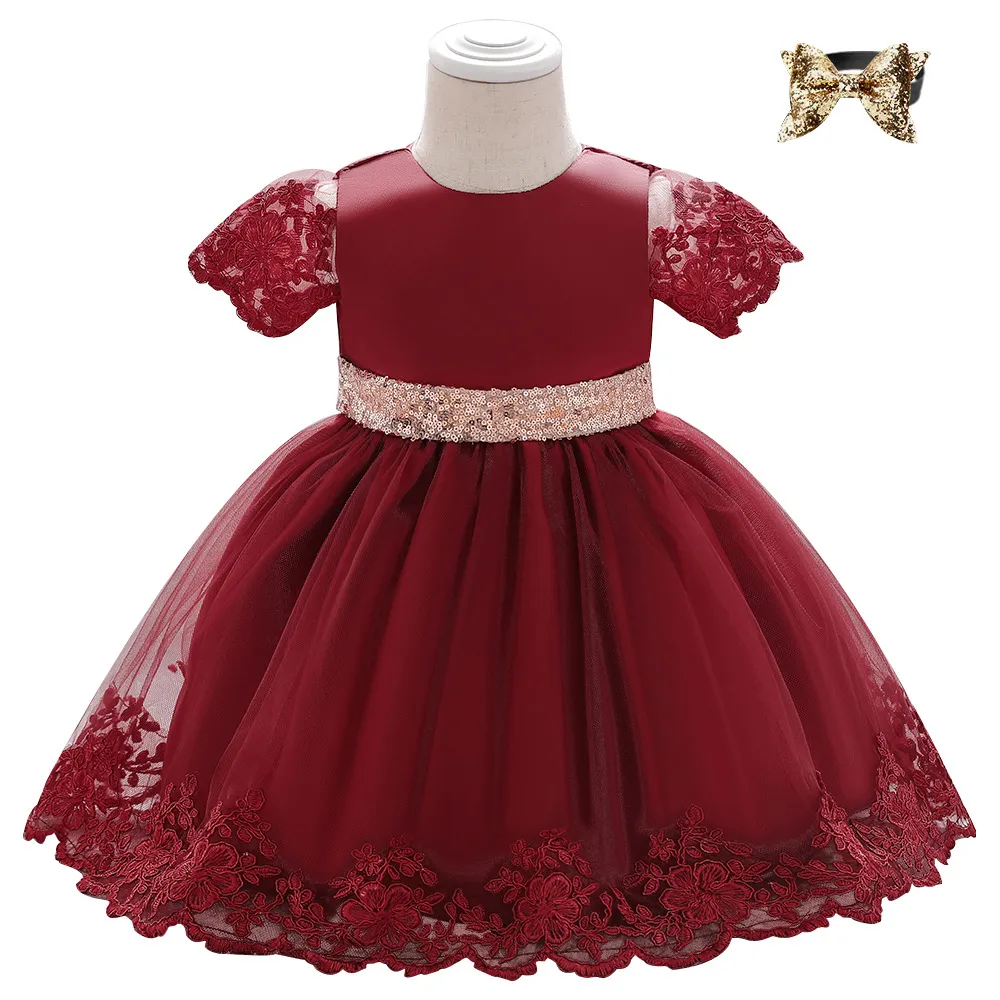 Flickans klänningar Enkel fast färg Princess Costume Elegant Formal Kids Lace Dress for Girls
