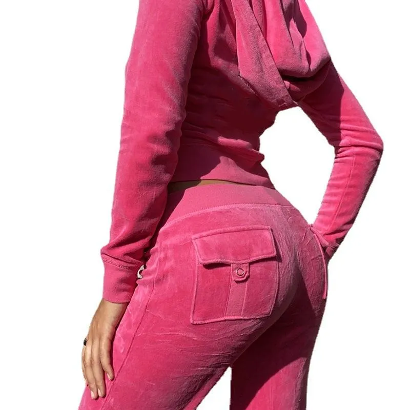 Womens velour tracksuit zip up hooded jacket and matching pants best sale