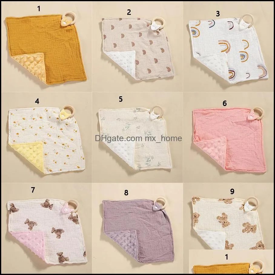 towels crepe burp cloths wooden ring toddler toy pacify appease square towel infant handkerchief comforters muslin soft newborn baby bibs