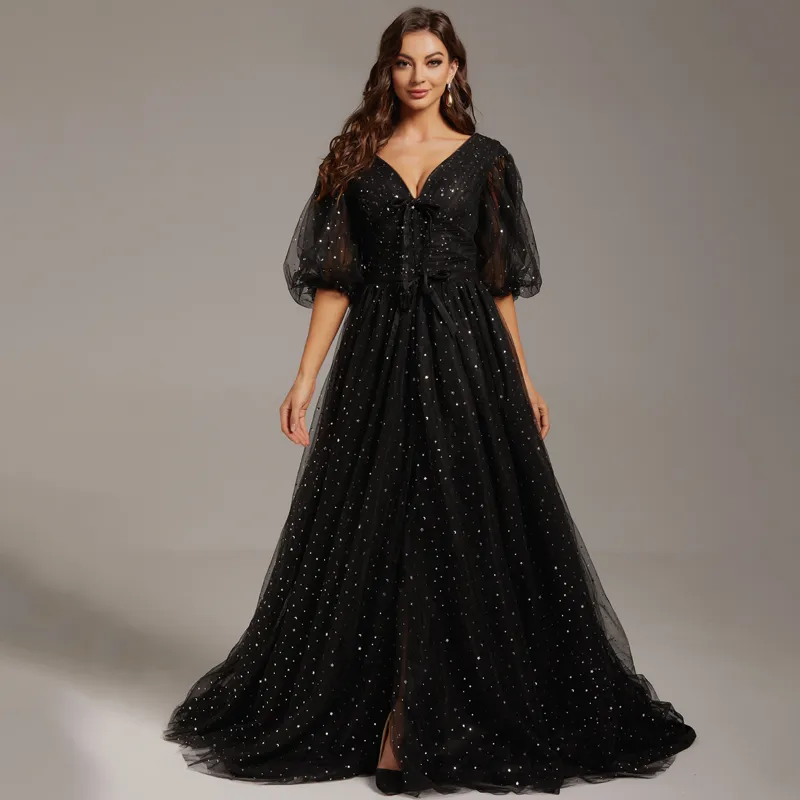 Puff Half Long Sleeves Evening Dresses Sweep Train V Neck Tulle Lace-Up Formal Prom Party Gowns Plus Size