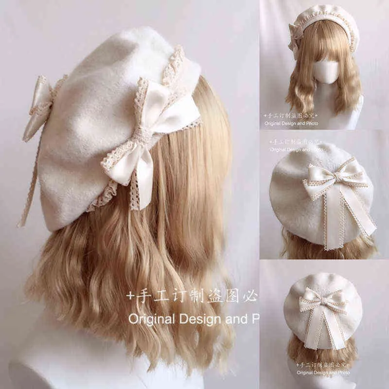 Biały motyl wełniany łuk vintage okrągły beret hat lolita Soild Color Lace Hat College Style Element Girl J220722