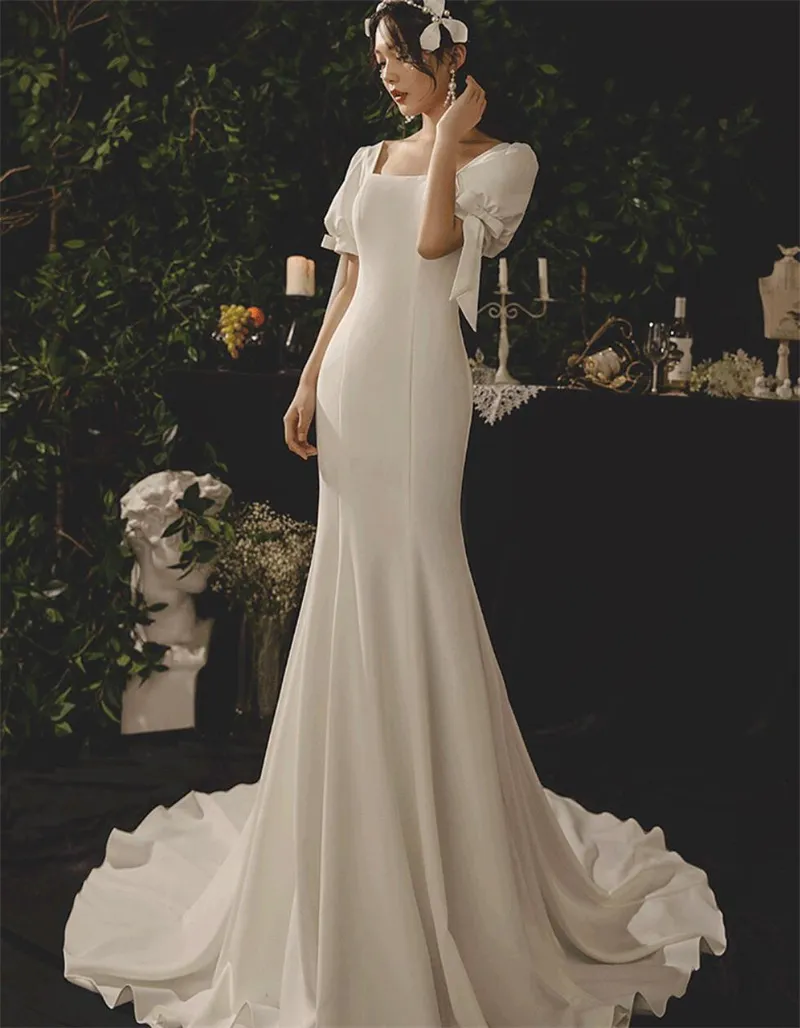 chinese dress ladies Mermaid Spaghetti Straps Deep V Neck Wedding Dress With Chanpel Train, MW516