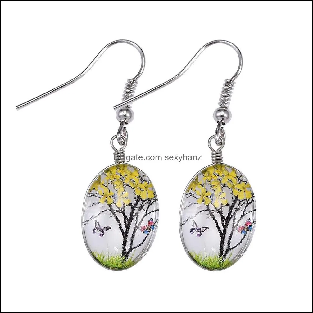 Handmade Creative Woman Dry Flower Dangle Earring Romantic Glass Oval Ball Dried Flowers Tree of Life Drop Earing Fashion Jewelry Gift