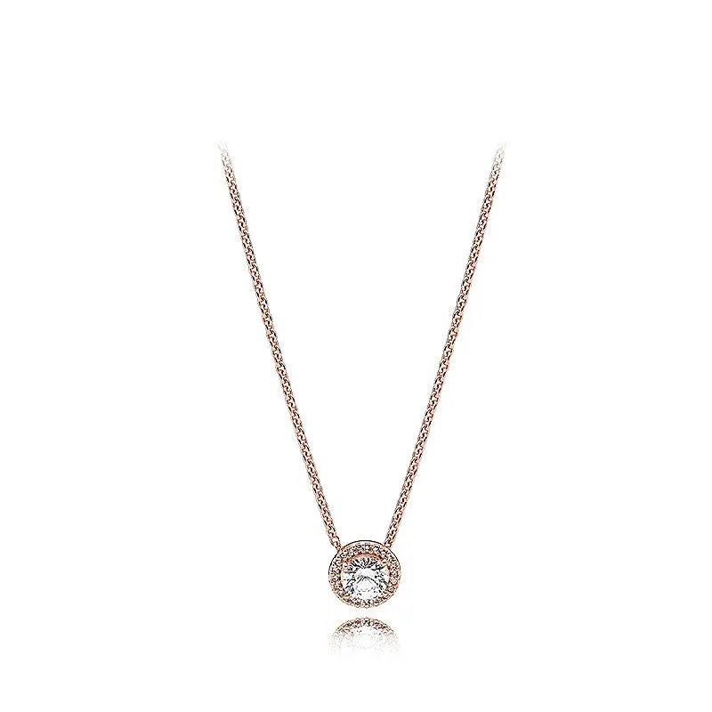 New 18K Bright Pink Pendant Necklace Rose Gold Shiny CZ Zircon Bead Chain For Pandora Style Jewelry Fashion Girls Set Gift