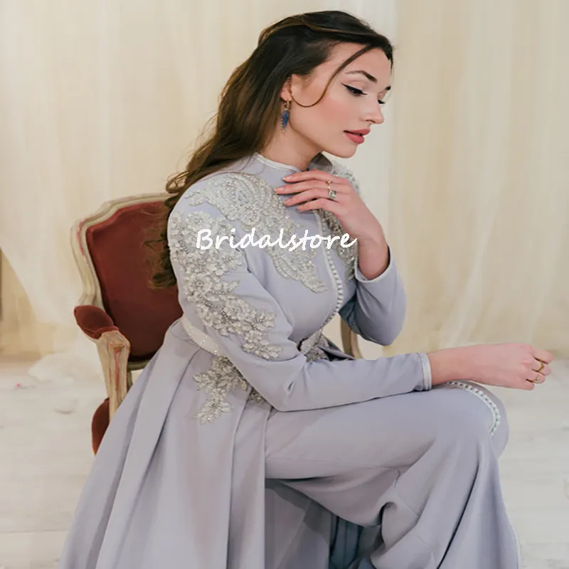 Chic Dusty Blue Arabic Turkije Avondjurk Jumpsuit Overskirt Trein Lange Mouw Prom Jurken 2022 Algerijnse Marokkaanse feestjurk Formele Outfit Receptie Rok