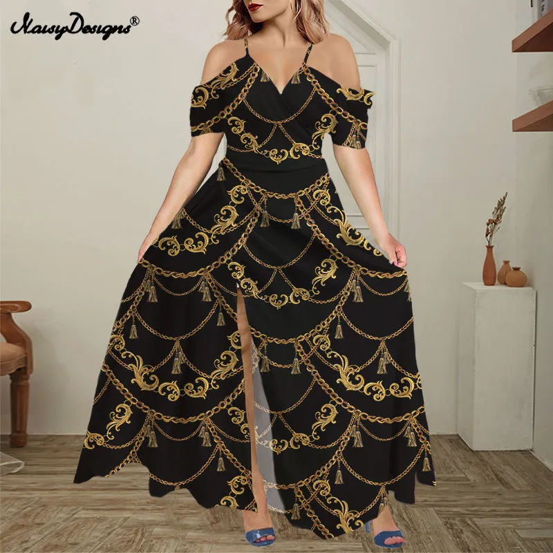 Noisydesigns kadınlar artı boyut 4xl omuz çiçek maxi bohemian bölünmüş elbise lüks golen gotik tarzı uzun düğün vestidos 220627