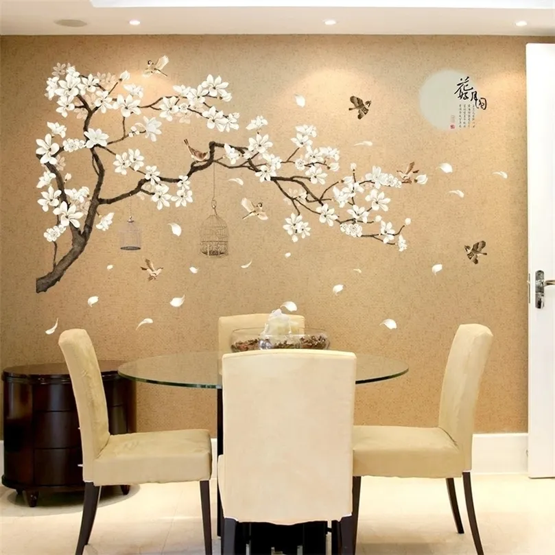 中国スタイルの大きなサイズの木の壁ステッカー鳥の花の家の装飾壁紙リビングルーム寝室DIYルーム装飾220510