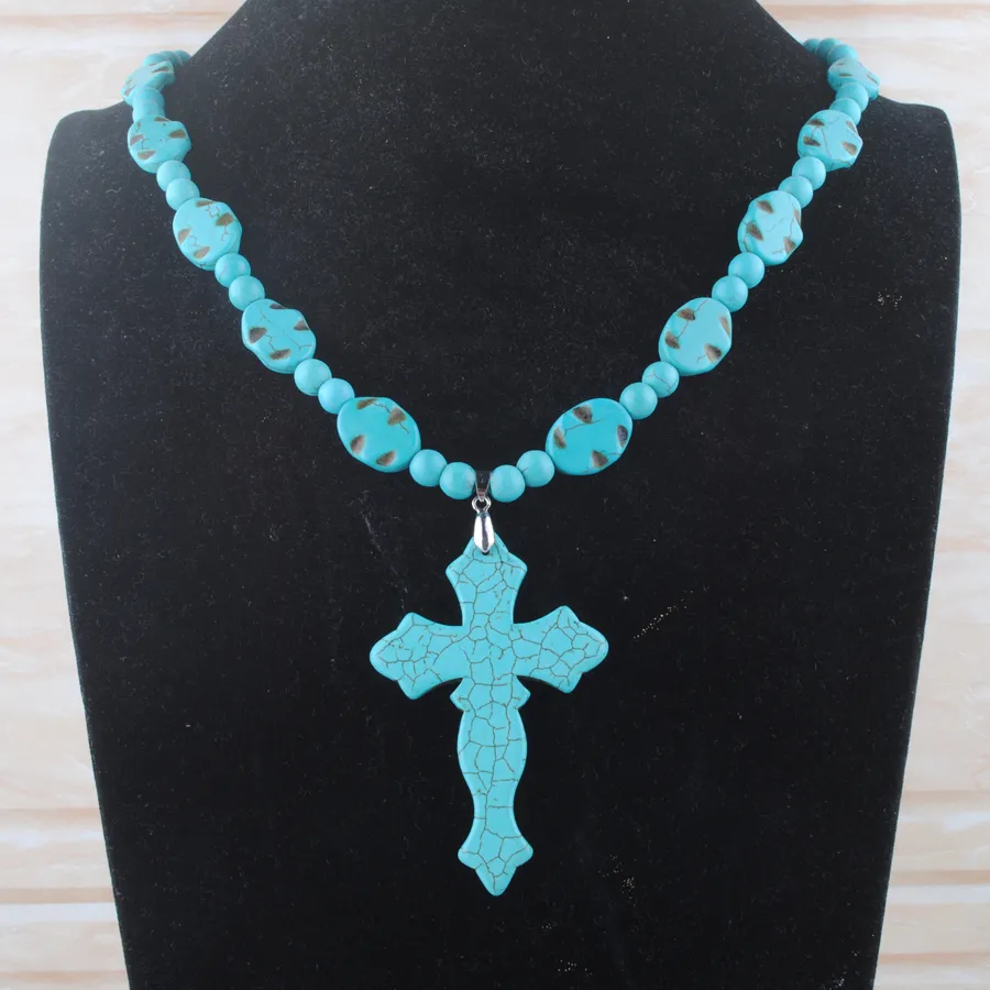 Trendy Cross Necklaces For Women Jewelry Gift Turquoises Howlite Beads Pendant & Necklace Beaded Strand 21 Inches DF3109