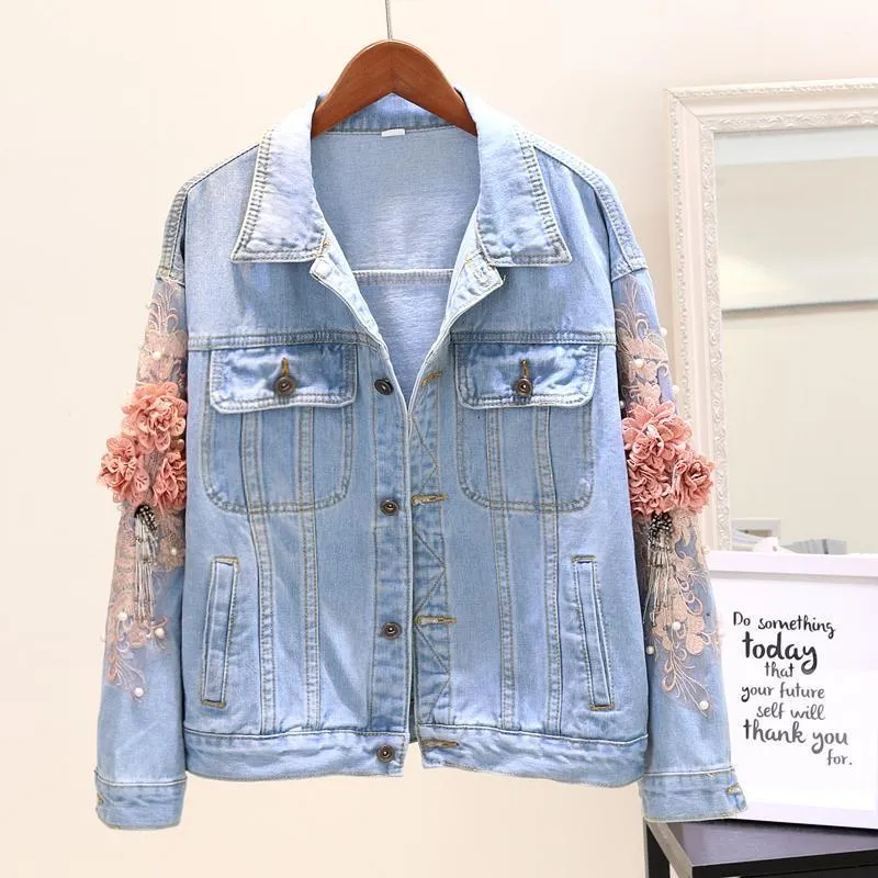 Women's Jackets Spring Autumn Women Embroidery Beading 3D Flower Denim Female Big Size Long Sleeve Casual Jeans Jacket Outfit