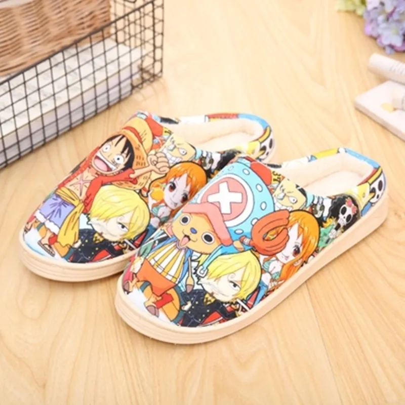 Vinterhemtofflor Luffy Man Women Slippers Plush Japanese Cartoon Slippers Anime One Pice Pantufa Zapatillas Y200106