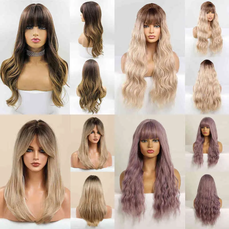 Long Wavy Brown Synthetic Wigs Ombre Middle Part Natural Hair Wig for Women Daily Party Cosplay Heat Resistant Fiber 220622