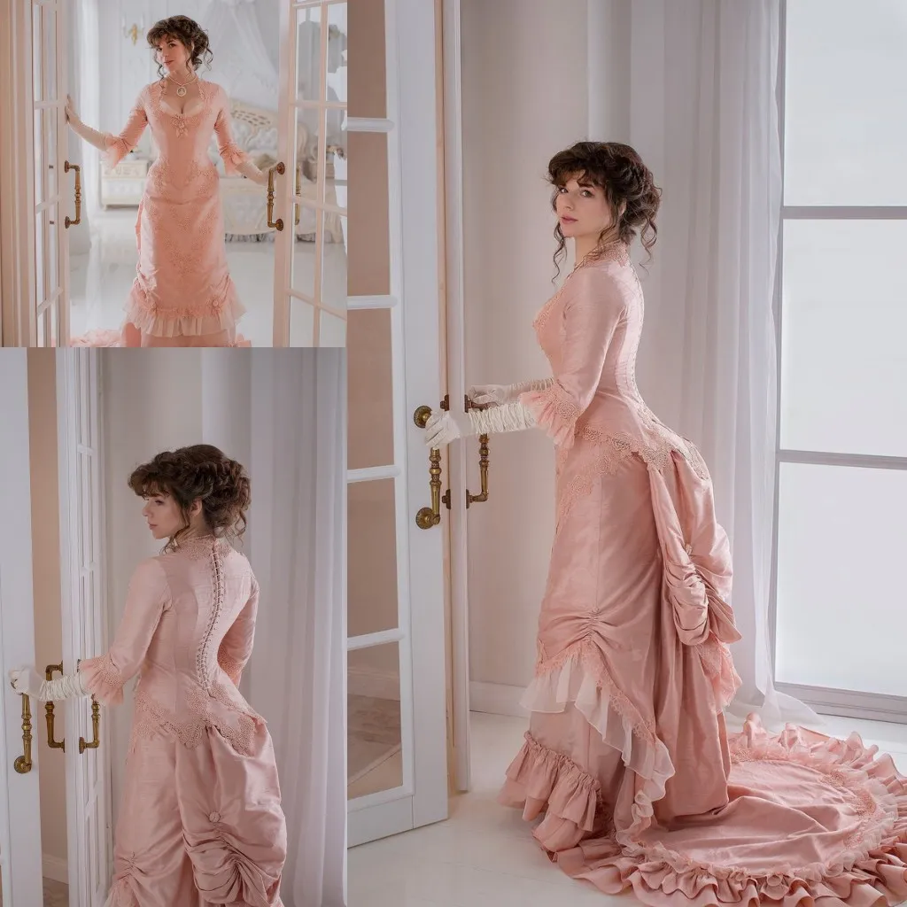 Vintage Victorian Prom Dress 2024 Peach Pink Long Ball Gown with Bustle Skirt Special Occasion Dresses Gilded Age Dress Formal Evening Gowns