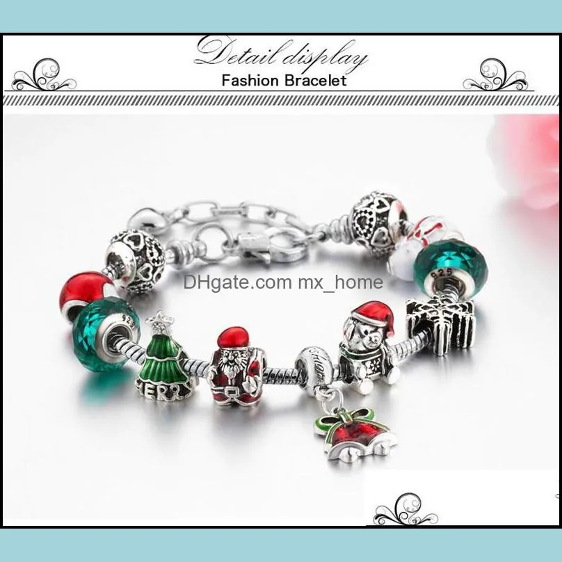 Favor Christmas Santa Bell Charm Bracelets DIY Jewelry Making Green Xmas Tree Silver Color Alloy Crystal Bead Bracelet