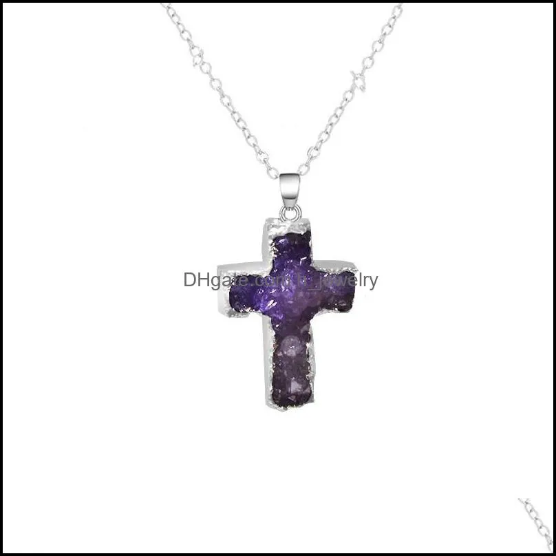 natural crystal cluster cross pendant crystal tooth silver plated edge cross necklace hjewelry