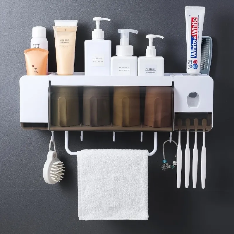 Bathroom Storage Toothbrush Holder Washing Set Wall Hanging Cup Convenient Save Space Home Mount Rack Tools Y200407