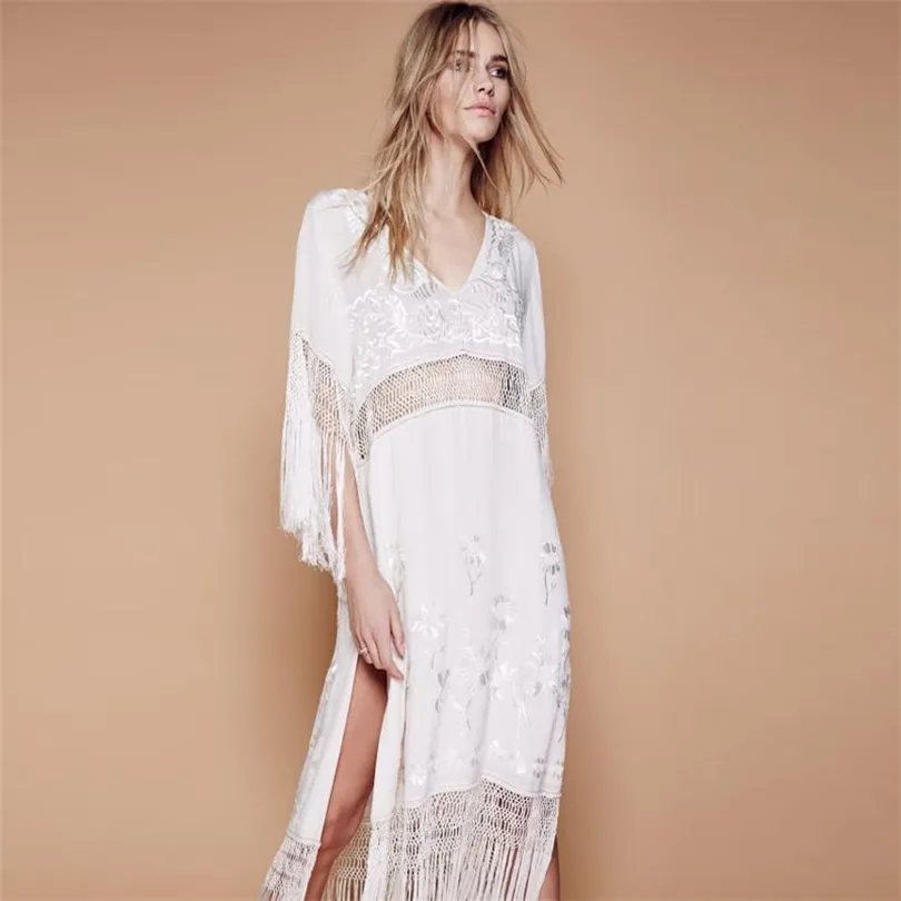 2018 Long Maxi Dress Tassel Dress Sexy V-neck Waist Hollow Vintage White Embroidered Floral Boho Clothing Dress T200113