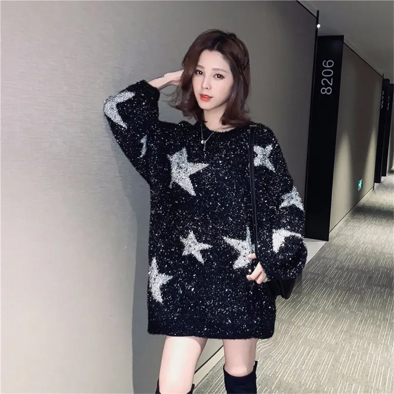 Vår- och höstkoreansk version av den runda halsstjärnan Bright Silk Pullover Black tröja Kvinnor Lossa tröja 201223