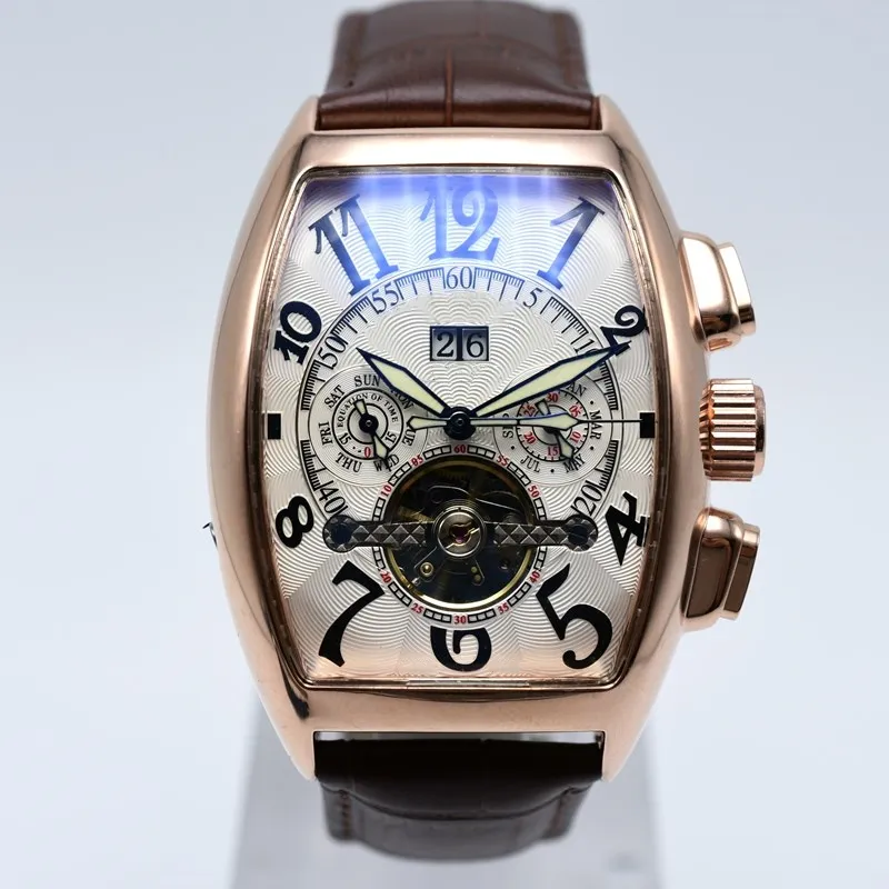 판매 럭셔리 브랜드 가죽 Tourbillon 기계식 남성 시계 감시 주간 날짜 골격 남성 자동 손목 시계