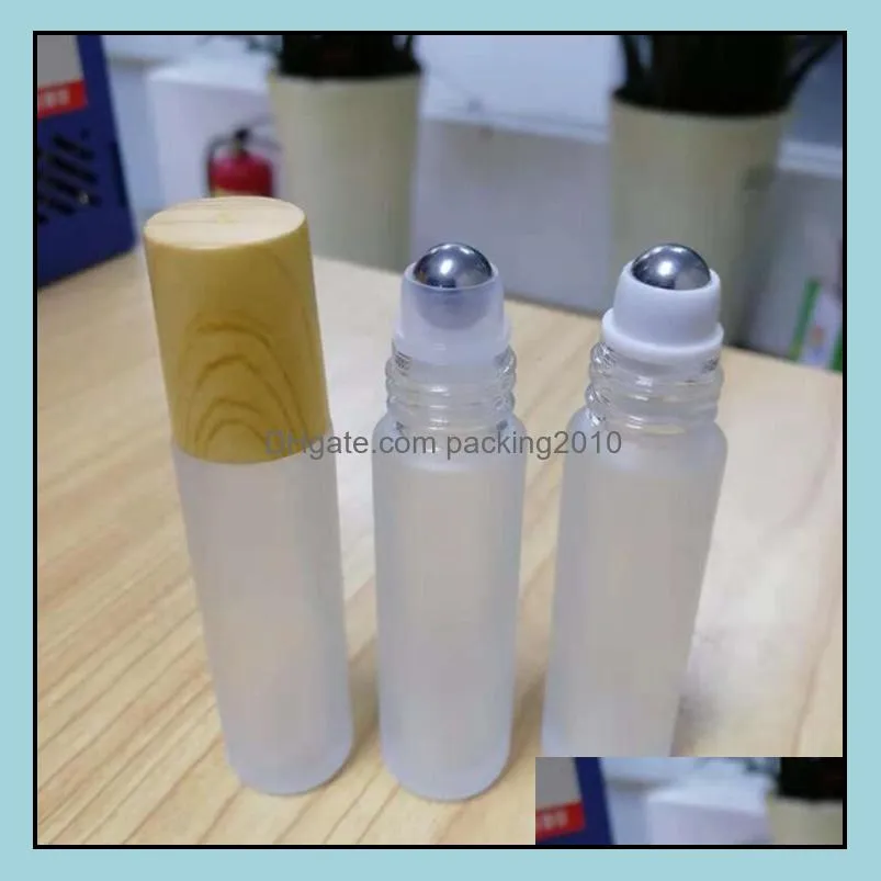 Frosted Clear Glass Roller Bottles Vials Containers with Metal Roller Ball and Wood Grain Plastic Cap for  Oil Perfume 5ml