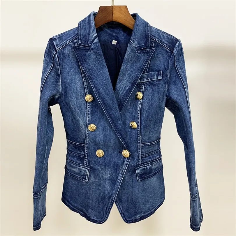 High Street Nieuwe modeontwerper Blazer Jacket Dames metalen leeuwenknopen Dubbele borsten Denim Blazer Outer Coat 201106