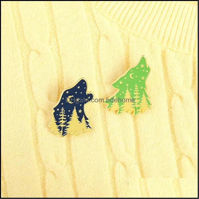 two color wolfhead tree brooches alloy shirt anti light buckle pins wholesale women men moon star paint clothes  badge