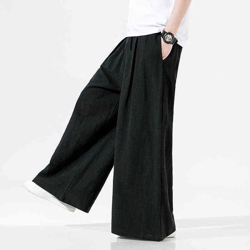 2022 Spring Men Linen Wide Leg Pants Mens Harajuku Streetwear Black Harem Pants Male Chinese Style Han Fu Kongfu byxor L220706