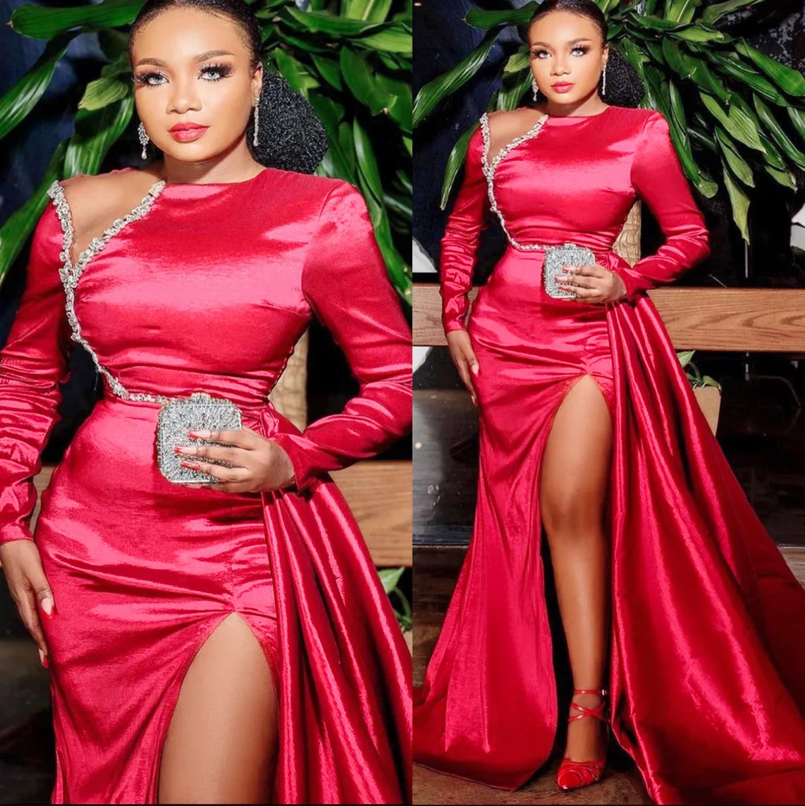 Stylish 2022 Plus Size Arabic Mermaid Red Satin Prom Dress With Beaded