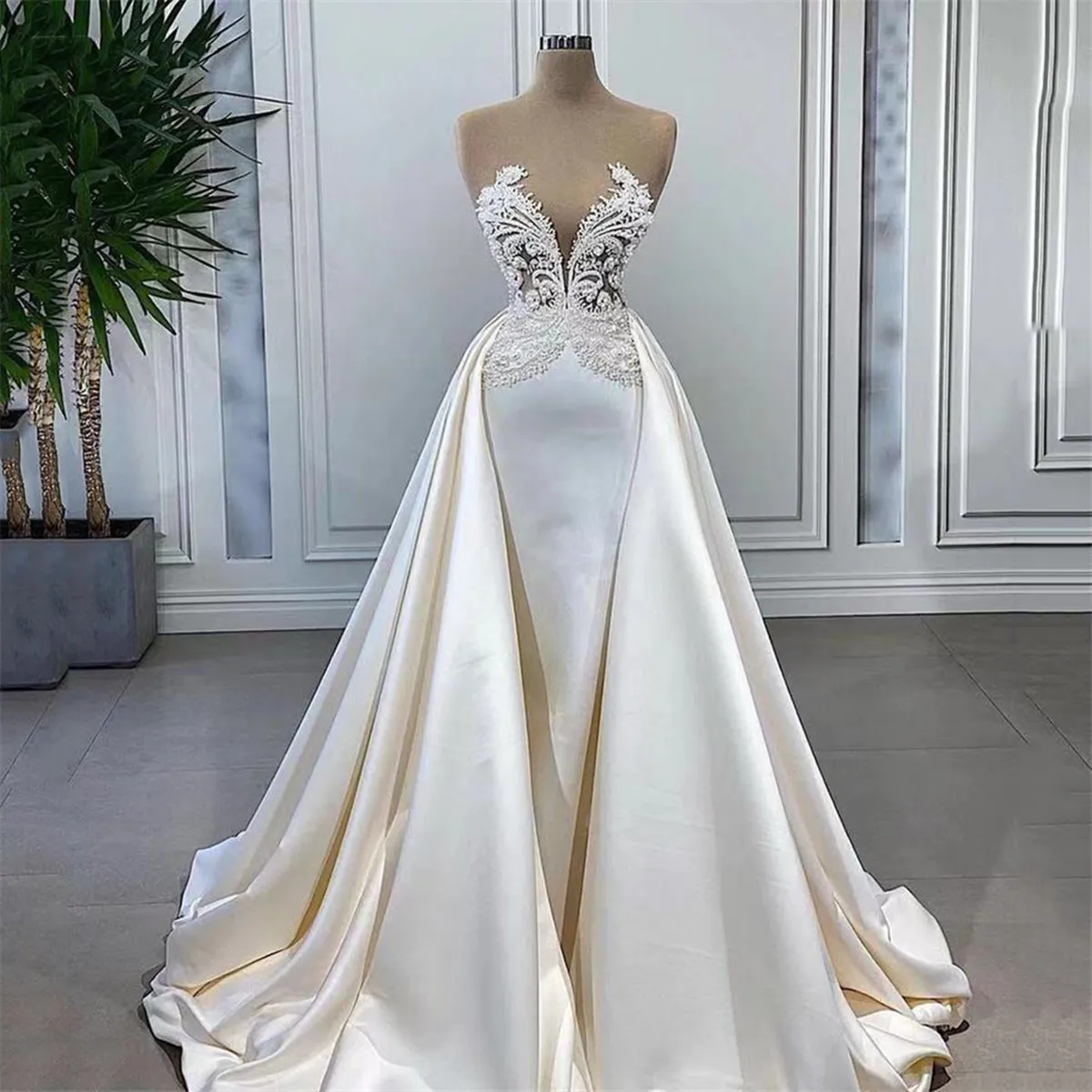 Vestido De Noche De Perlas De Satén Blanco Para Mujeres, Elegantes