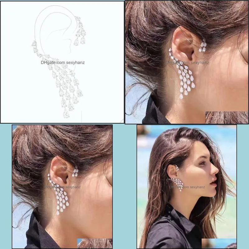 clip-on & screw back luxury design clear cubic zircon water drop ear cuff women clip earrings single piece e-407clip-on clip-onclip-on